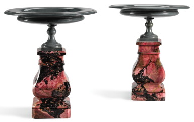 View full screen - View 1 of Lot 20. A PAIR OF RUSSIAN ORLETZ RHODONITE AND KALGAN JASPER TAZZE ON PEDESTALS CIRCA 1860, BY THE EKATERINBURG IMPERIAL LAPIDARY WORKS.