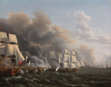 View full screen - View 1 of Lot 40. The frigate Le Richemond, commanded by the Vicomte de Mortemart, towing the dismasted Glorieux and surrounded by Admiral Rodney’s fleet during the action of 12 April 1782.