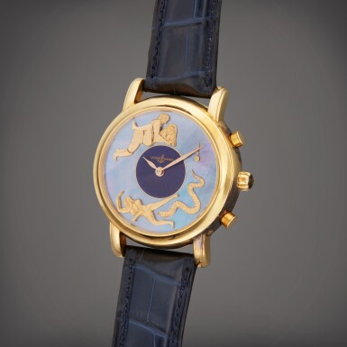 View full screen - View 1 of Lot 63. Reference 761-22 Erotic Hour Striker San Marco | A limited edition yellow gold hour striking erotica wristwatch with mother-of-pearl and enamel dial, Circa 2000 | 雅典 型號 761-22 Erotic Hour Striker San Marco 限量版黃金正點報時腕錶,配珠母貝及琺瑯春宮圖錶盤,製作年份約 2000.