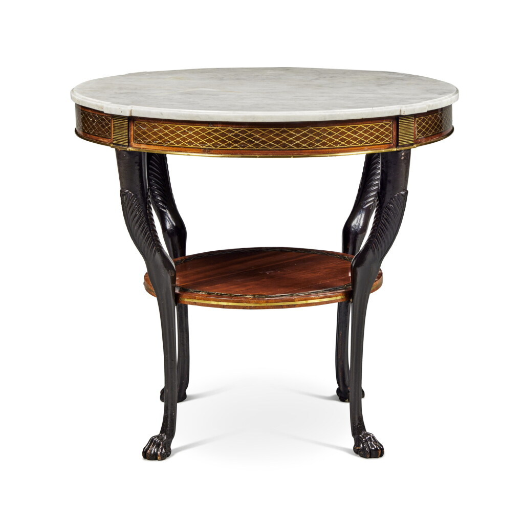 View full screen - View 1 of Lot 70. A Belgian Neoclassical Brass Inlaid Ebonized, Amaranth and Mahogany Gueridon, in the Manner of Jean-Joseph, Chapuis, Early 19th Century.