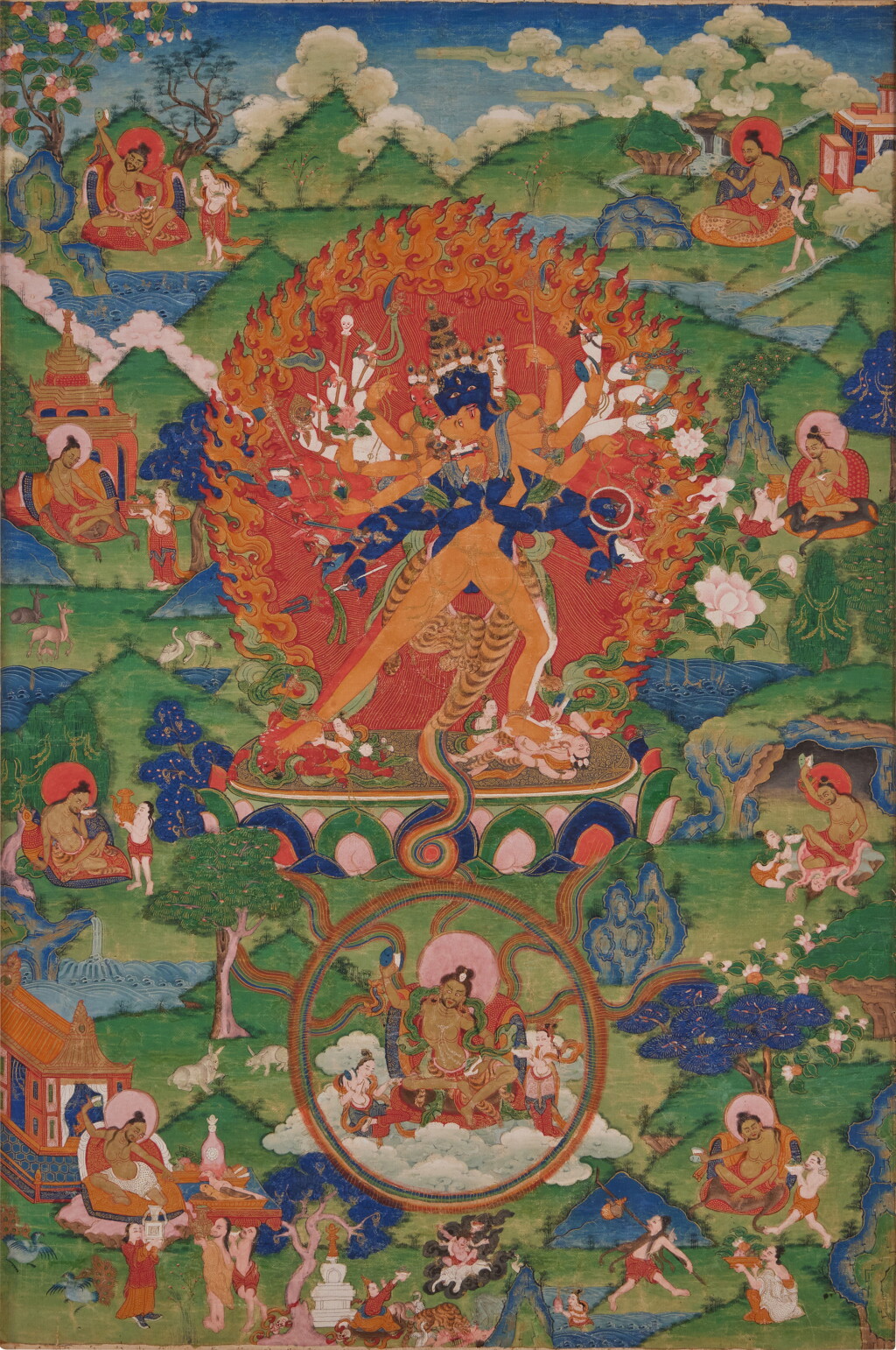 View full screen - View 1 of Lot 349. A thangka depicting the 7th Dalai Lama with a vision of Kalachakra, Tibet, 18th century.