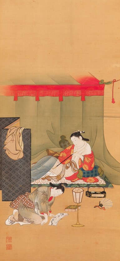 View full screen - View 1 of Lot 2012. Nishikawa Sukenobu (1671-1750), Courtesan under a mosquito net, Edo period, early 18th century | 西川祐信 蚊帳美人図 江戸時代中期 18世紀前半.