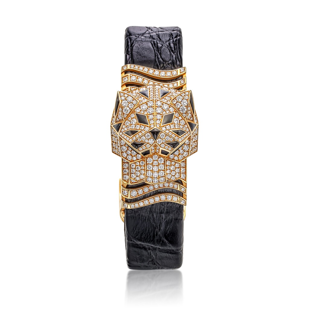 View full screen - View 1 of Lot 1709. 'Panthère Secrète’ Onyx, Tourmaline and Diamond Wristwatch | 卡地亞 | Panthère Secrète‘ 縞瑪瑙 配 碧璽 及 鑽石 腕錶.