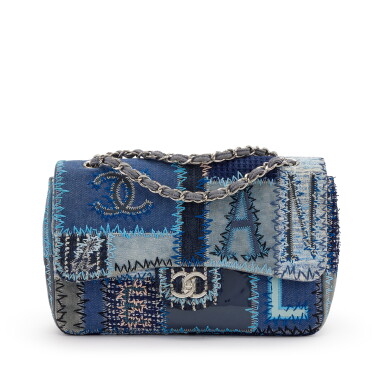 View full screen - View 1 of Lot 102. Blue Tweed, Textile and Leather Patchwork Denim Jumbo Single Flap Bag Silver Hardware, 2015.
