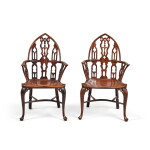 A Pair of George III Gothic Yew and Elm Windsor Armchairs, circa 1765