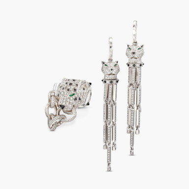 View full screen - View 1 of Lot 1732. Emerald, Onyx and Diamond 'Panthère' Ring and Pair of Emerald, Onyx, Lacquer and Diamond 'Panthère' Earrings| 卡地亞 | 祖母綠 配 縞瑪瑙 及 鑽石 'Panthère' 戒指 及 祖母綠 配 縞瑪瑙 配 漆繪 及 鑽石 'Panthère' 耳環一對.