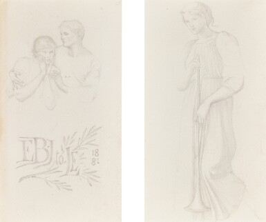 View full screen - View 1 of Lot 88. Two sheets of studies in one frame: a study of two figures embracing (recto), a study for 'The Golden Stairs' (recto), a study of a pair of legs for 'The Golden Stairs' (verso); Two sheets of studies of sleeves for 'The Golden Stairs' in one frame (recto): two sheets of studies of an infant's head for putti in 'Terra Omniparens' in one frame (recto), a study of a putti's head (verso), a study for 'The Golden Stairs' (verso).