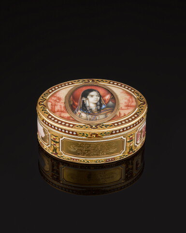 View full screen - View 1 of Lot 129. An enamelled gold presentation box by Esaias Obicker, Germany, Hanau, circa 1785, set with a portrait of a Mughal noblewoman, India, early 19th century; with a Mughal gem-set and inscribed jade bazuband, India, 18th/19th century.