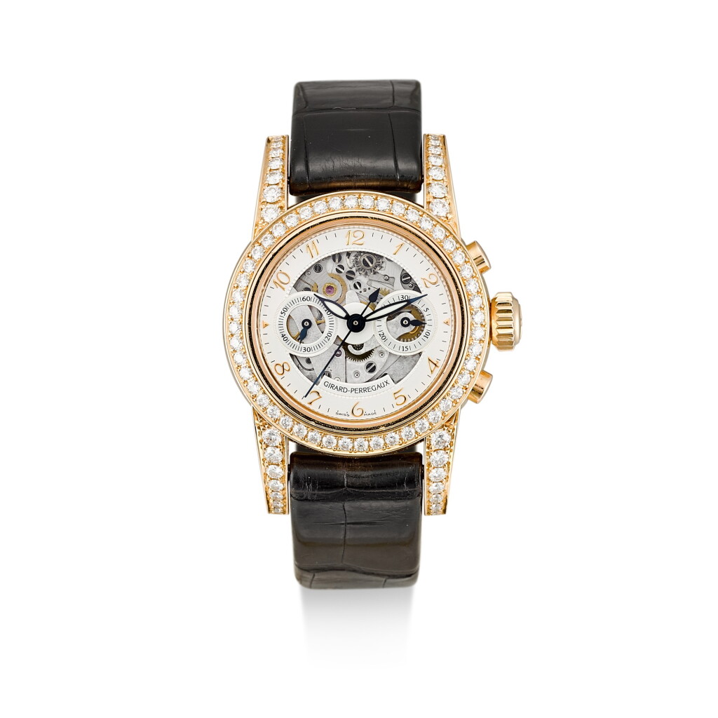 View full screen - View 1 of Lot 8156. GIRARD-PERREGAUX | A PINK GOLD AND DIAMOND-SET SEMI-SKELETONIZED CHRONOGRAPH WRISTWATCH, CIRCA 2000.