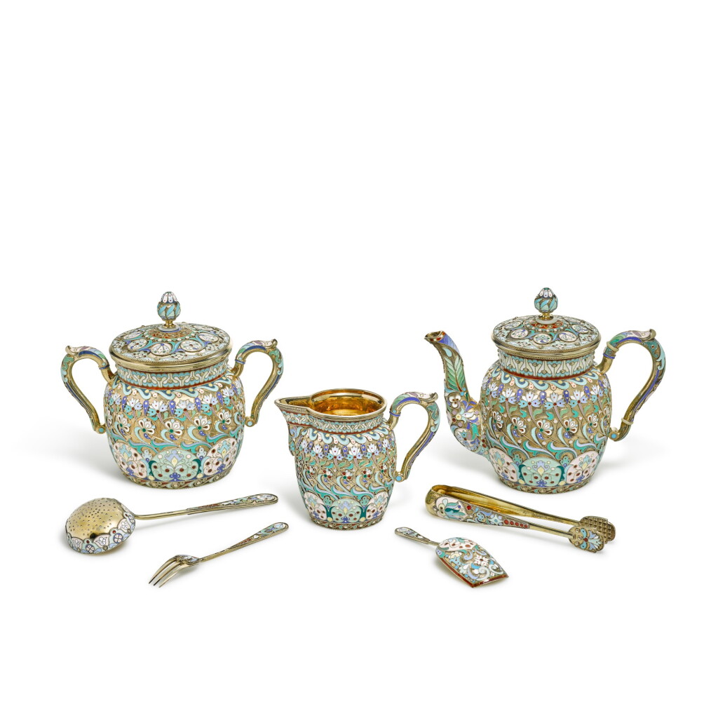 View full screen - View 1 of Lot 118. A seven-piece silver-gilt and cloisonné enamel tea service, Ovchinnikov, Moscow, 1899-1908.