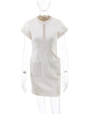View full screen - View 1 of Lot 19. CHANEL | WHITE EMBELLISHED DRESS AND 'CC' TURNLOCK DEMI-PARURE.