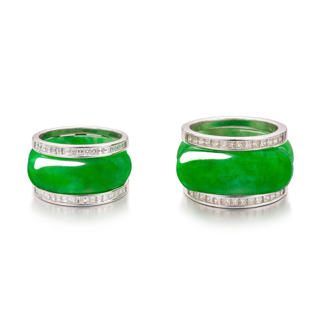 全螢幕檢視 - 查看1271TWO JADEITE AND DIAMOND SADDLE RINGS | 天然翡翠 馬鞍戒指兩枚的1