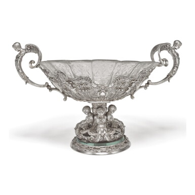 View full screen - View 1 of Lot 1828. AN AMERICAN SILVER AND CUT-GLASS RENAISSANCE PATTERN CENTERPIECE, DESIGNED BY PAULDING FARNHAM FOR TIFFANY & CO., NEW YORK, CIRCA 1905.