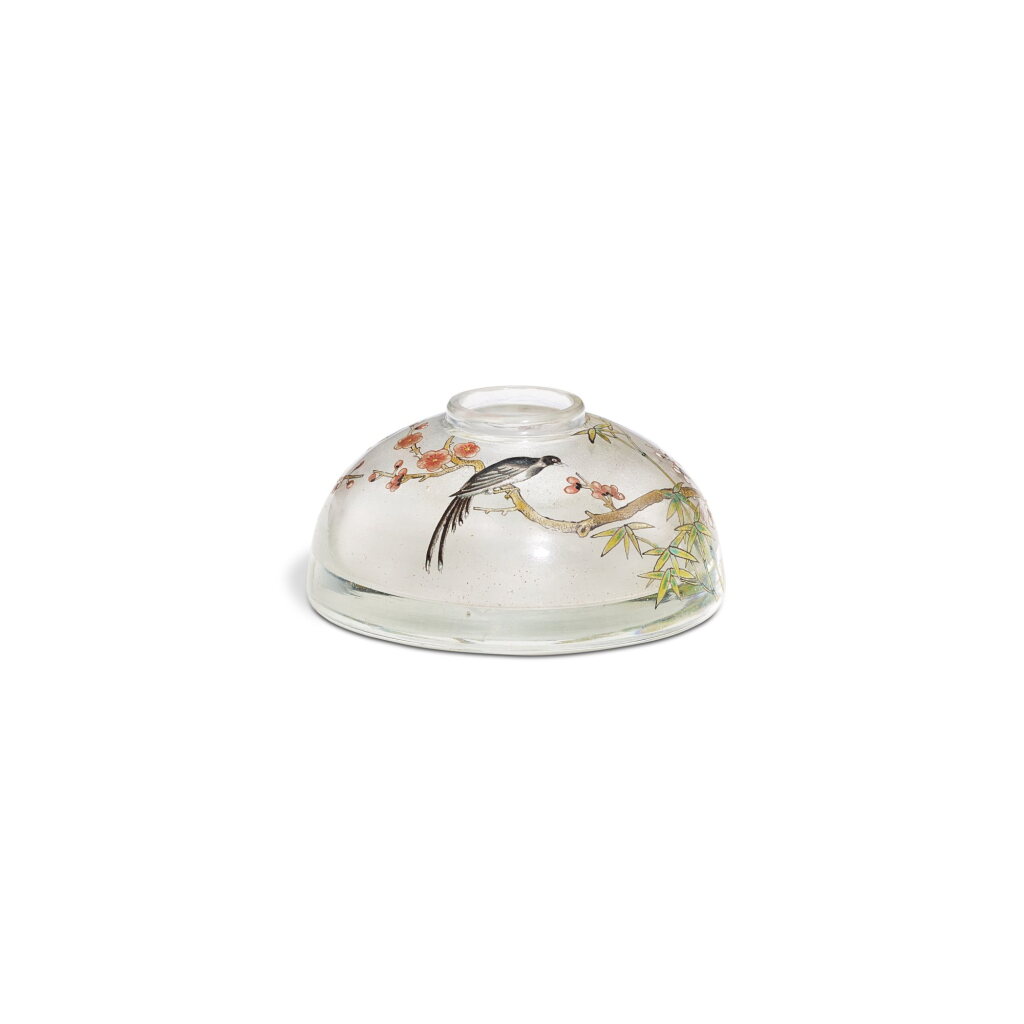 View full screen - View 1 of Lot 3409. A Beijing enamel painted 'magpie and prunus blossom' glass waterpot, Mark and period of Qianlong | 清乾隆 透明料畫琺瑯喜上眉梢水丞 《乾隆年製》款.