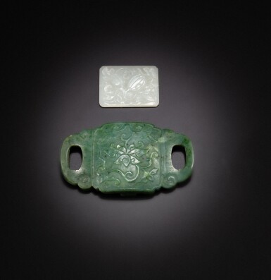View full screen - View 1 of Lot 95. A white jade archaistic plaque and a green jade belthook, Qing dynasty, 19th century | 清十九世紀 白玉瓜瓞綿綿紋牌飾 及 碧玉花卉紋帶鉤一組兩件.