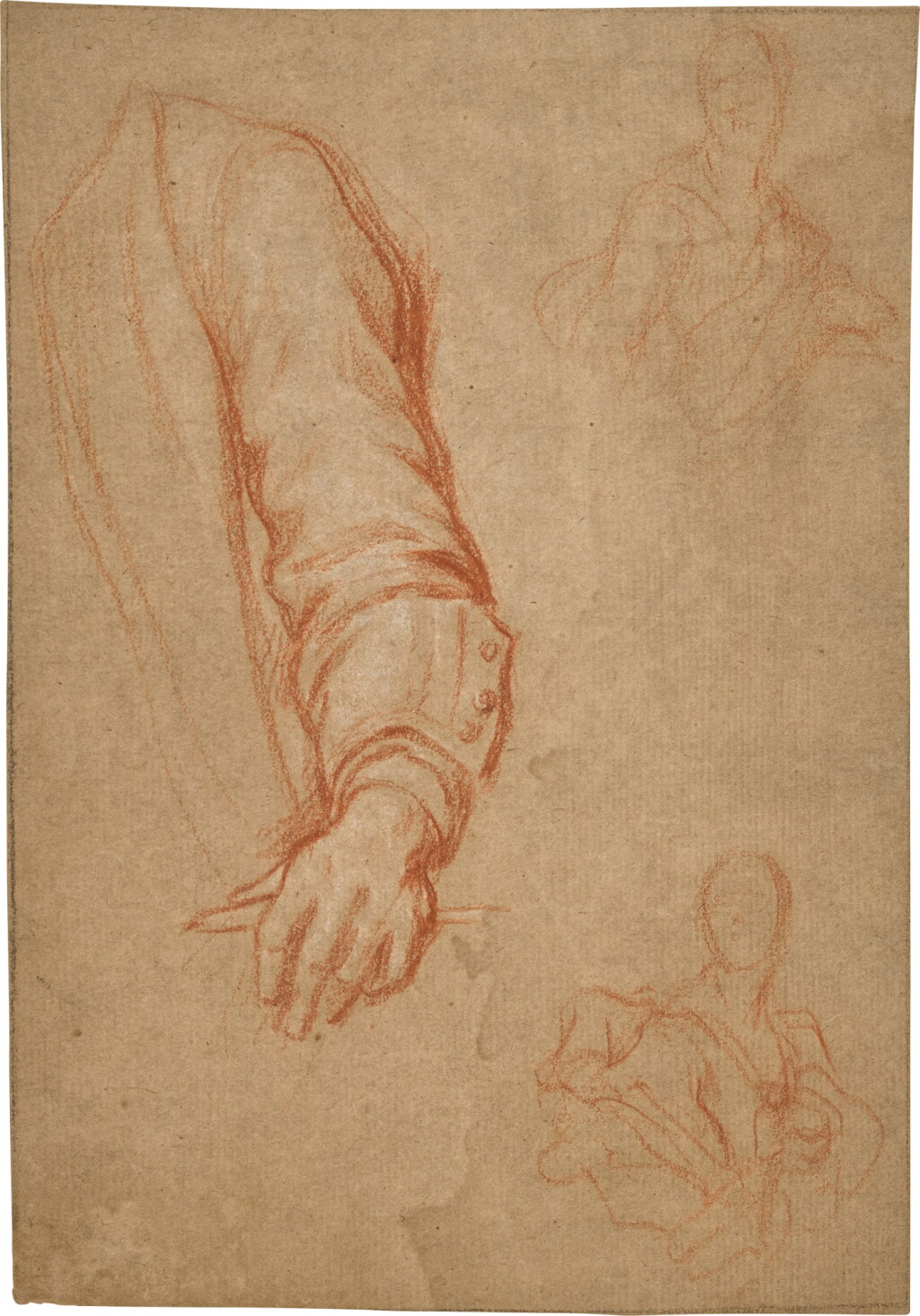 View full screen - View 1 of Lot 713. Study of the sleeved arm of a gentleman, and two small half-length figure studies.