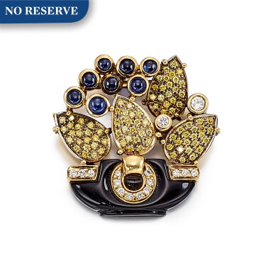 View full screen - View 1 of Lot 1519. CARTIER | SAPPHIRE, ONYX AND DIAMOND PENDANT | 卡地亞 | 藍寶石 配 縞瑪瑙 及 鑽石 掛墜.