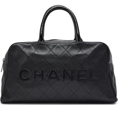 View full screen - View 1 of Lot 160. Black Quilted Caviar and Patent Large Logo Bowling Bag Ruthenium Hardware, 2000-2002.