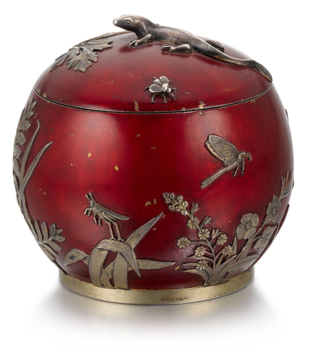 View full screen - View 1 of Lot 235. A Russian gilded silver and lacquer sugar bowl, Pavel Ovchinnikov, Moscow, 1891.