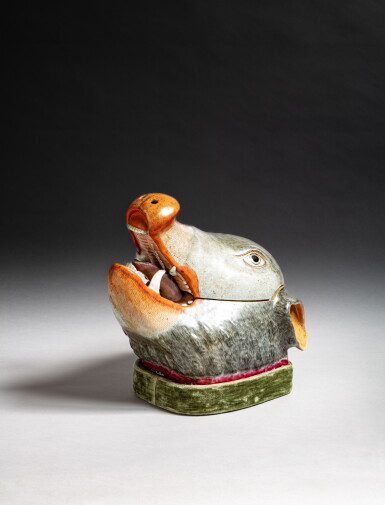 View full screen - View 1 of Lot 185. A rare famille-rose 'boar' tureen and cover, Qing dynasty, Qianlong period | 清乾隆 粉彩豕首蓋盆.