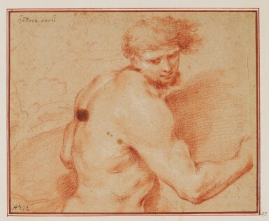 View full screen - View 1 of Lot 514. CIRCLE OF ANDREA SACCHI | A nude, half length, seen from the side, his arm extended to the right.