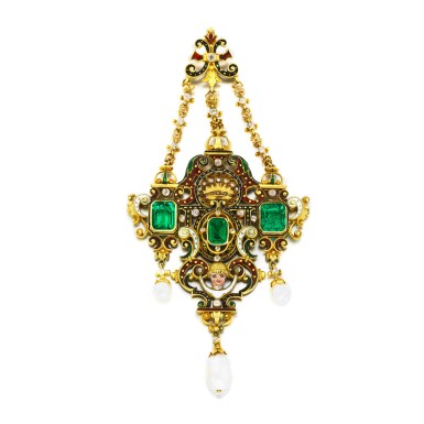 View full screen - View 1 of Lot 1045. An emerald and enamel Renaissance revival pendant.
