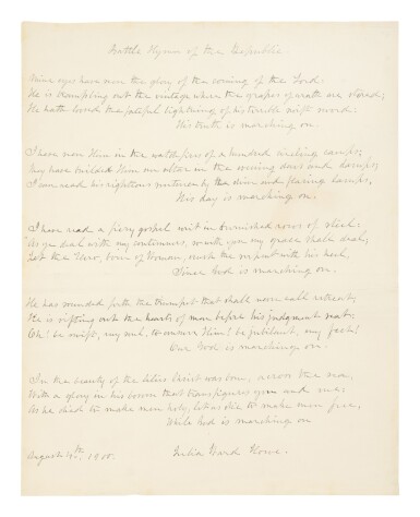 View full screen - View 1 of Lot 40. Howe, Julia Ward | "Mine eyes have seen the glory of the coming of the Lord...".