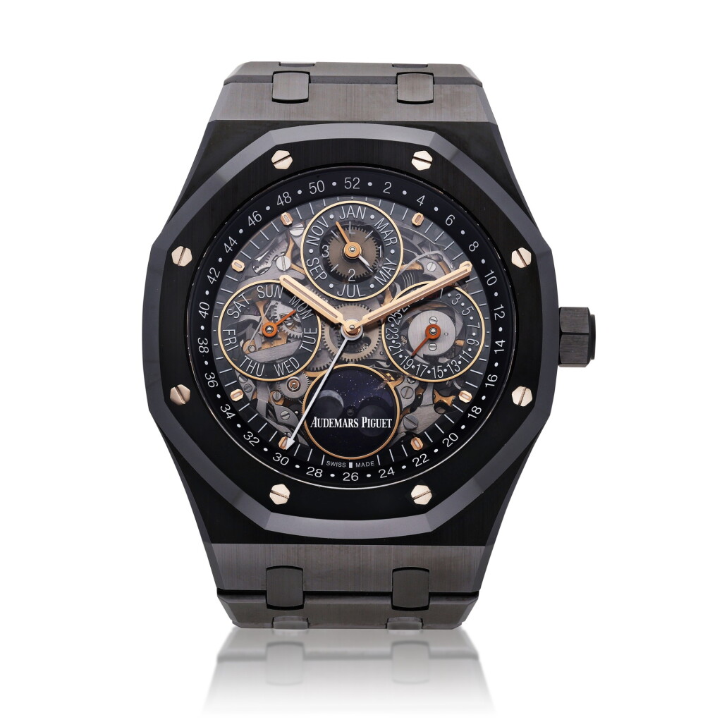 View full screen - View 1 of Lot 72. Reference 26585CE.OO.1225CE.01 Royal Oak Perpetual Calendar Openworked | A ceramic skeletonized automatic perpetual calendar wristwatch with moon phases and bracelet, Circa 2019 | 愛彼 26585CE.OO.1225CE.01 型號 Royal Oak Perpetual Calendar Openworked | 陶瓷鏤空自動上鏈萬年曆鍊帶腕錶備月相顯示,約2019年製.