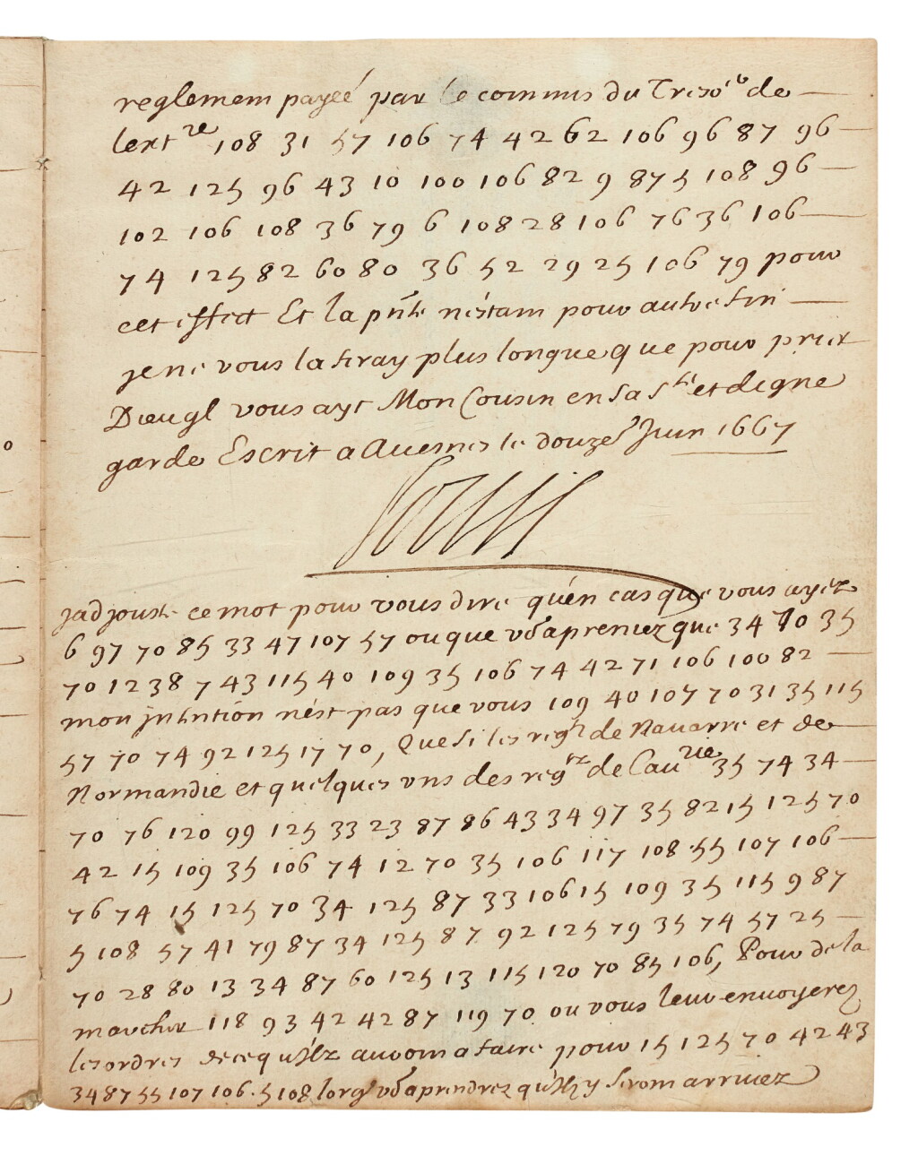 View full screen - View 1 of Lot 64. Louis XIV | letter signed, giving military orders to the Duc d'Aumont, commanding the army on the coast. 1667.