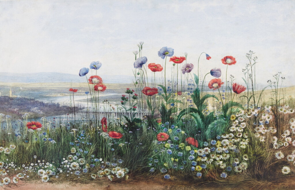 View full screen - View 1 of Lot 232. A bank of flowers with a river landscape beyond, possibly the Long Bridge, Belfast.