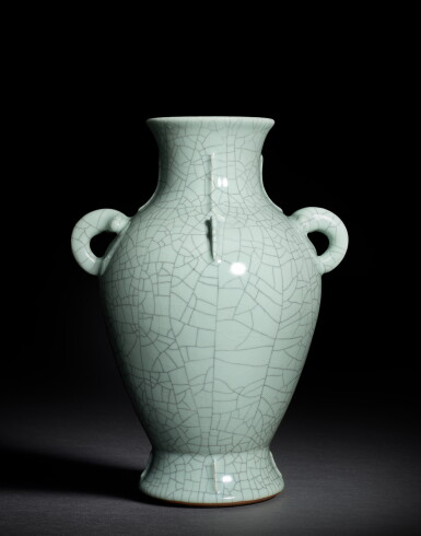 View full screen - View 1 of Lot 9833. A fine guan-type archaistic handled vase, Seal mark and period of Yongzheng | 清雍正 仿官釉古銅式出戟壺 《大清雍正年製》款.