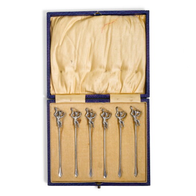 View full screen - View 1 of Lot 70. A cased set of six novelty silver cocktail sticks, Levi & Salaman, Birmingham, 1927.