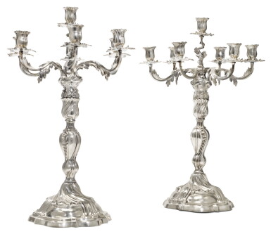 View full screen - View 1 of Lot 91. ROYAL. A PAIR OF GERMAN SEVEN-LIGHT SILVER CANDELABRA, MORITZ AUGUST FICKERT, DRESDEN, CIRCA 1870.