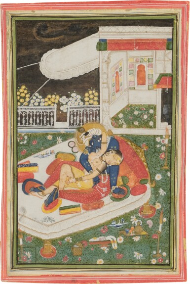 View full screen - View 1 of Lot 861. Krishna and Radha in Dalliance, attributed to Chokha (active ca. 1799–1826), India / Rajasthan / Devgarh, circa 1810.