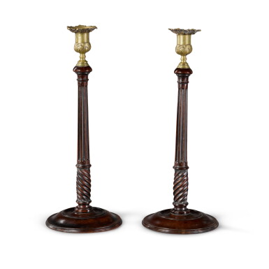 View full screen - View 1 of Lot 149. A pair of George III turned mahogany candlesticks, circa 1770.