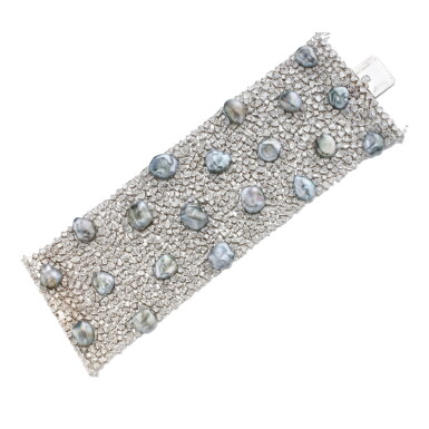 View full screen - View 1 of Lot 257. Cultured Pearl and Diamond Bracelet.