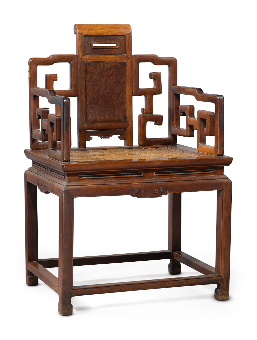 View full screen - View 1 of Lot 1041. A 'HONGMU' AND BURLWOOD SCROLL BACK ARMCHAIR, LATE 19TH / EARLY 20TH CENTURY.
