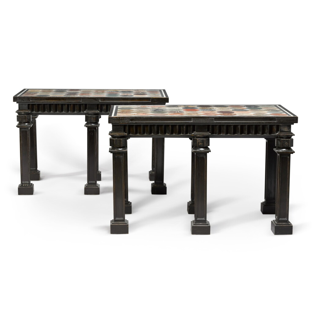 View full screen - View 1 of Lot 51. A pair of English specimen marble tops on ebonised bases, 20th century.