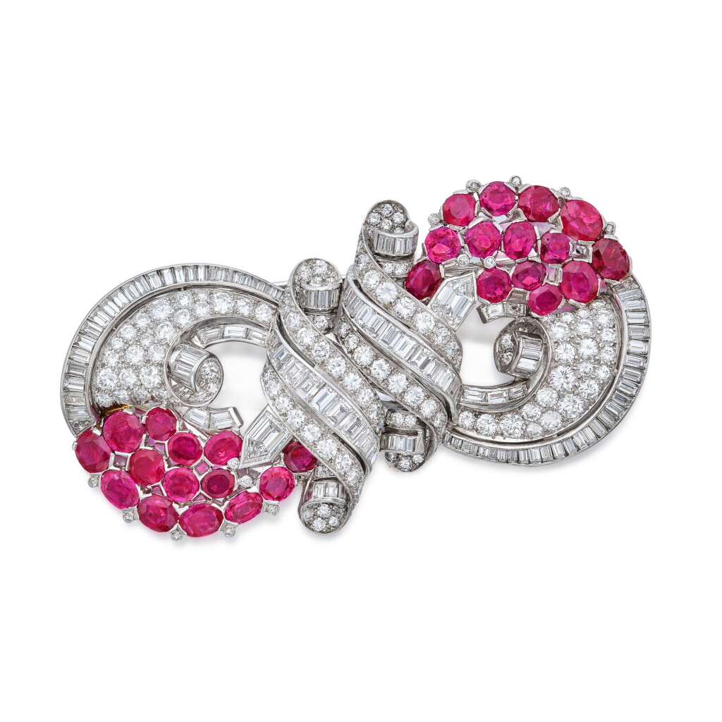 View full screen - View 1 of Lot 428. Ruby and Diamond Double Clip-Brooch.