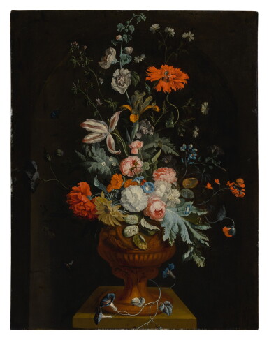 View full screen - View 1 of Lot 647. Still life of flowers in a terracotta vase before a stone niche.