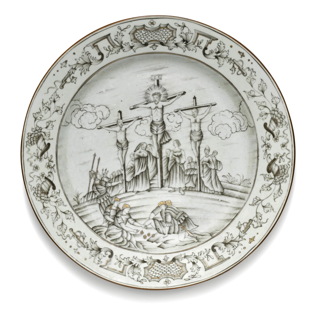 View full screen - View 1 of Lot 247. A large grisaille and gilt 'Crucifixion' dinner plate, Qing dynasty, circa 1745.
