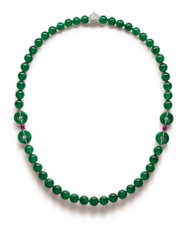 View full screen - View 1 of Lot 1765. A Fine and Unique Jadeite Bead, Diamond and Ruby Necklace | 【四季平安】天然翡翠珠 配 鑽石 及 紅寶石 項鏈.