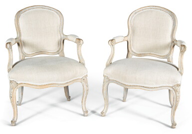 View full screen - View 1 of Lot 191. A PAIR OF LOUIS XV PAINTED AND CARVED FAUTEUILS À LA REINE MID-18TH CENTURY, PROBABLY SWEDISH.