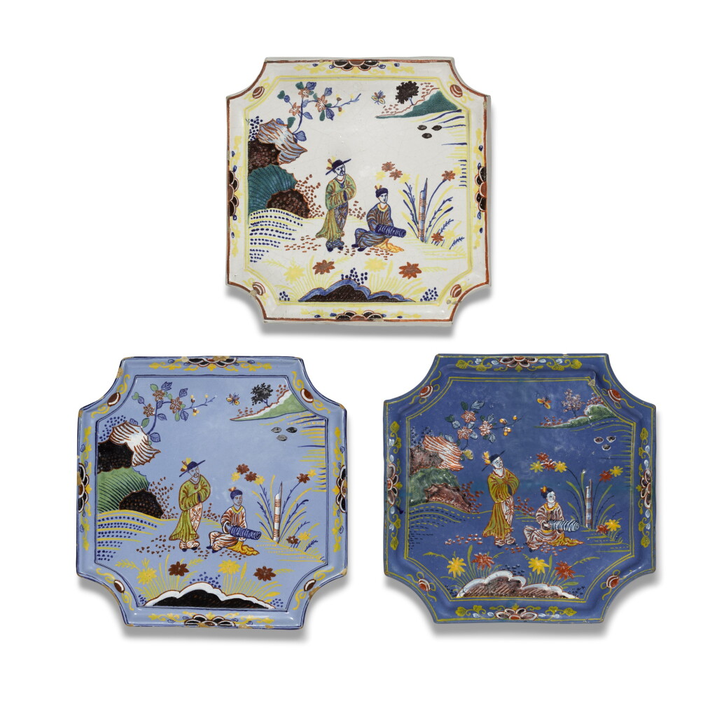 View full screen - View 1 of Lot 70. Two Dutch Delft polychrome chinoiserie shaped square trays and a wall plaque, circa 1750-80.