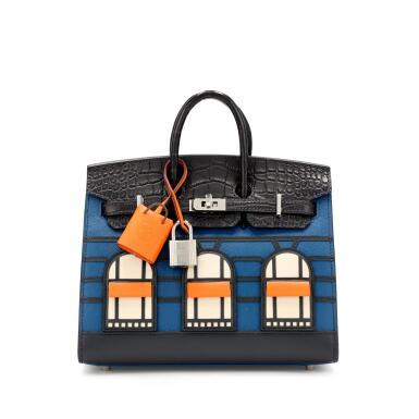 View full screen - View 1 of Lot 35. Blue Marine Matte Alligator, Deep Blue, Orange H Swift, Craie Epsom, Indigo and Blue Obscur Sombrero Faubourg Sellier Birkin 20 Palladium Hardware, 2019.