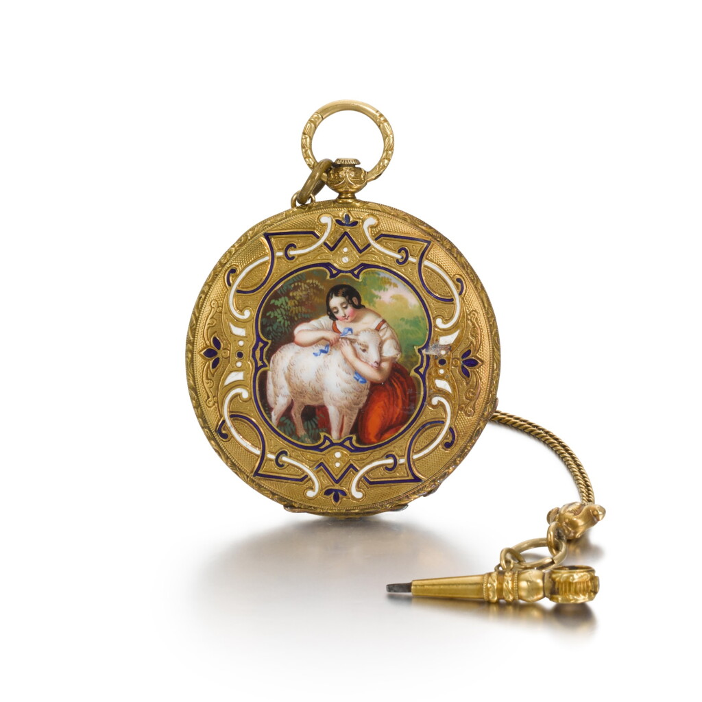 View full screen - View 1 of Lot 291. AMI SANDOZ ET FILS | A LADY'S SLIM GOLD AND ENAMEL BAGNOLET WATCH, CIRCA 1850.