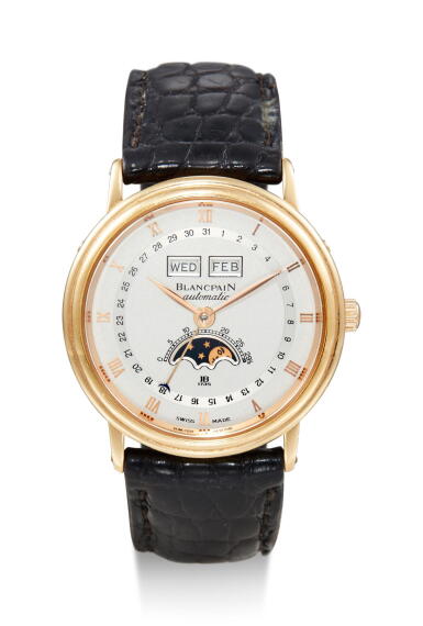 View full screen - View 1 of Lot 8058. BLANCPAIN | VILLERET TRIPLE DATE, A YELLOW GOLD TRIPLE CALENDAR WRISTWATCH WITH MOON PHASES, CIRCA 1995.