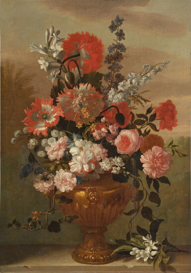 View full screen - View 1 of Lot 340. Still life of flowers in a vase, upon a stone ledge.