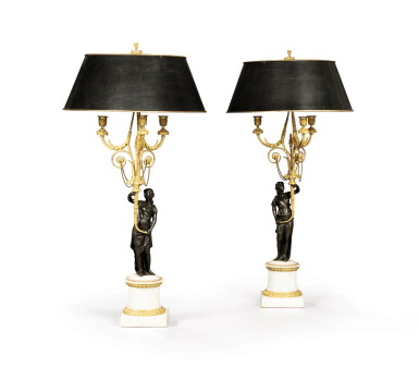 View full screen - View 1 of Lot 264. A pair of Louis XVI patinated and gilt-bronze and marble three-light candelabra.