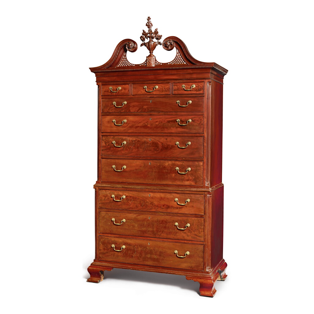 View full screen - View 1 of Lot 1669. IMPORTANT CHIPPENDALE CARVED AND FIGURED MAHOGANY CHEST-ON-CHEST, THE CASE ATTRIBUTED TO THOMAS AFFLECK (1740-1795), CARVING ATTRIBUTED TO HERCULES COURTENAY (1744-1784), PHILADELPHIA, CIRCA 1770.